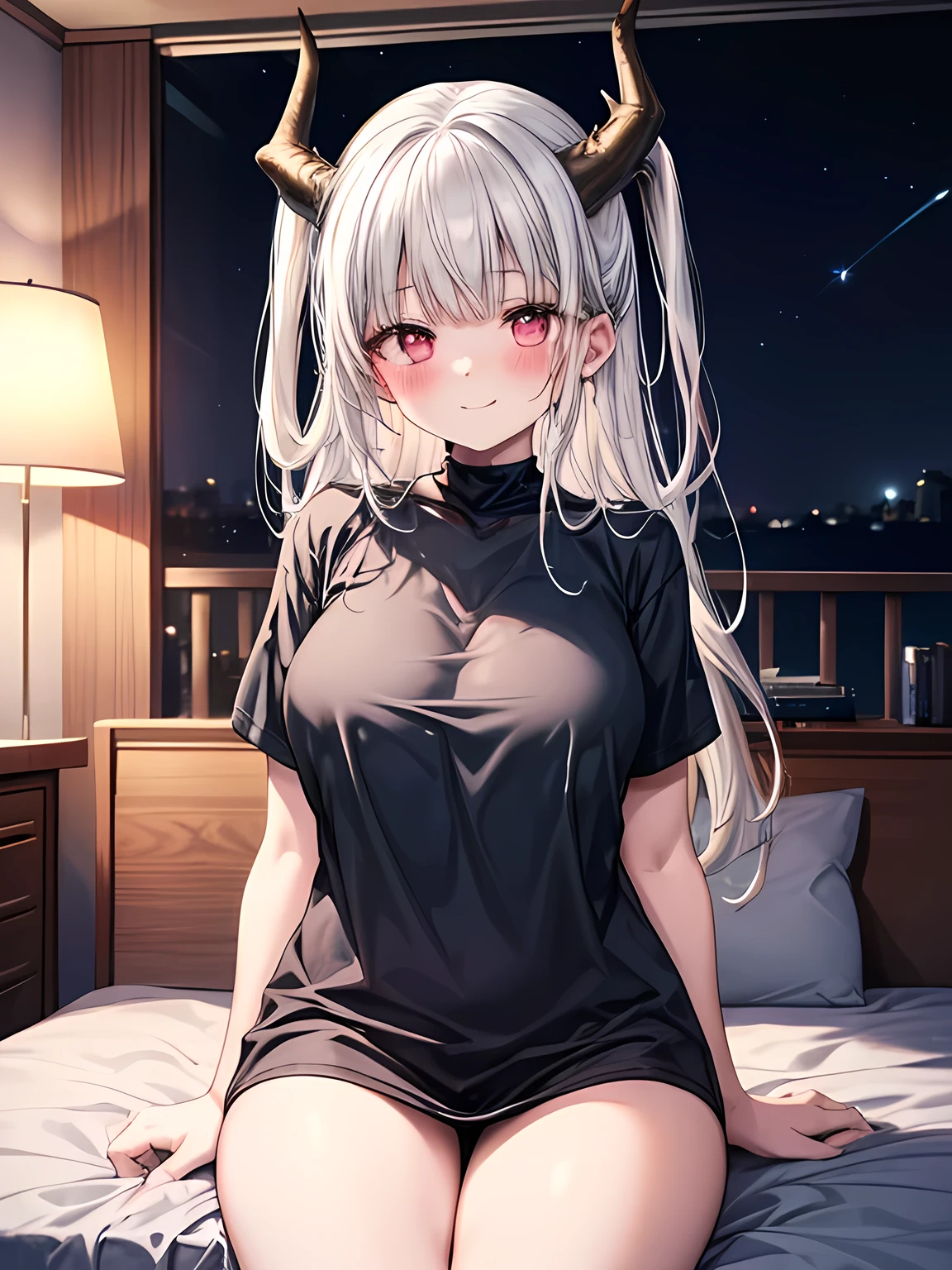 A detailed, high-quality girl sitting on the bed, smiling and blushing, looking directly at the viewer, wearing a black shirt, in a bedroom at night, highly detailed, masterpiece, best quality, 1girl, solo, shimanto, large_breasts, smile, blush, looking_at_viewer, blush, cowboy_shot, horns, sit_on_bed, black_shirt, tshirt, night, bedroom, oversize_shirt, starry_night,