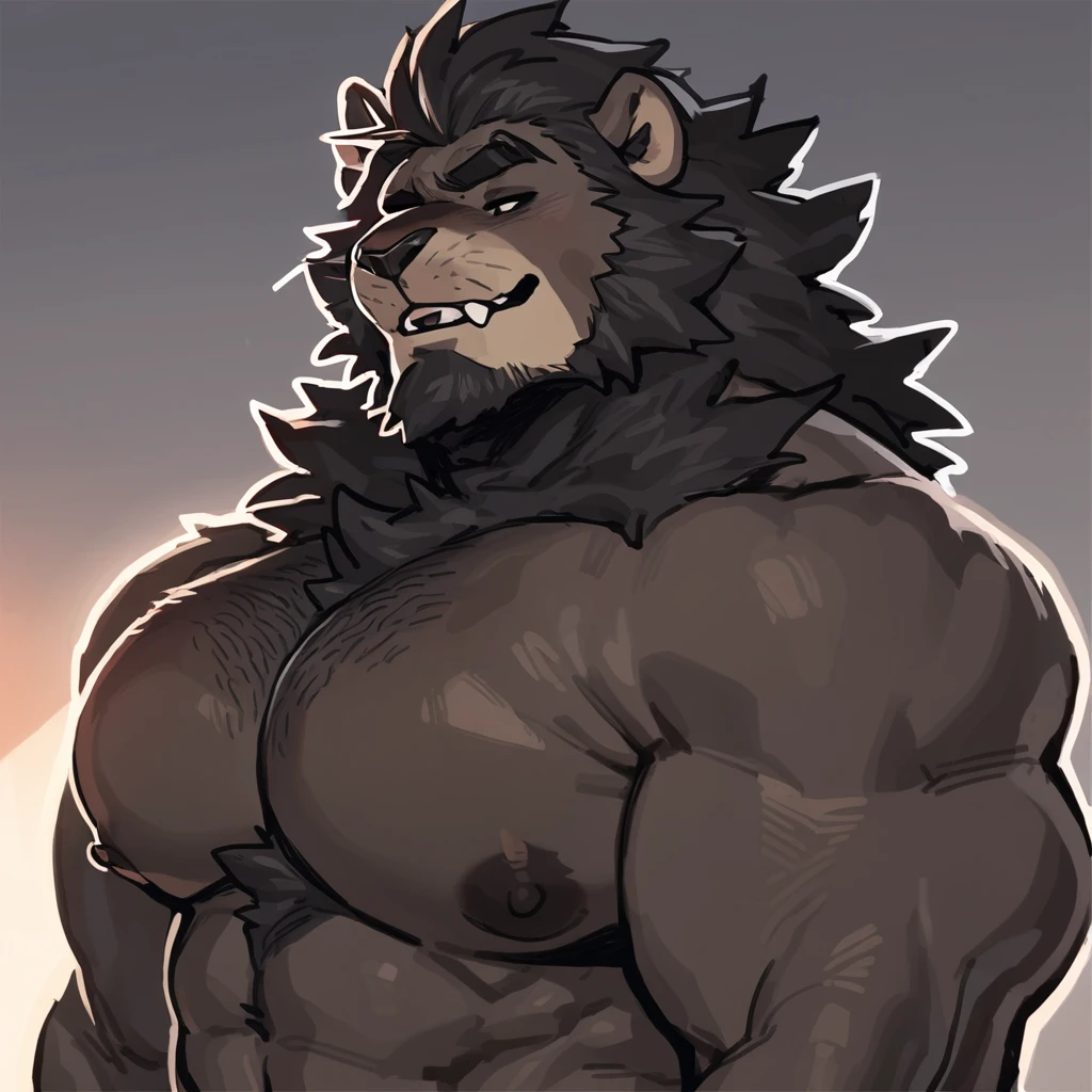 Black bara lion, solo black fur, hot, very large pecs, strong physique, very muscular, perfect anatomy, masterpiece, black beard, black eyes, strong jaw, giant biceps, shirtless, manly pose, daddy, hairy pectorals, solo, great lighting, nude, by bebebebe, by ZIXiong, by zackary911, by SligarTheTiger, by RED8EAN,