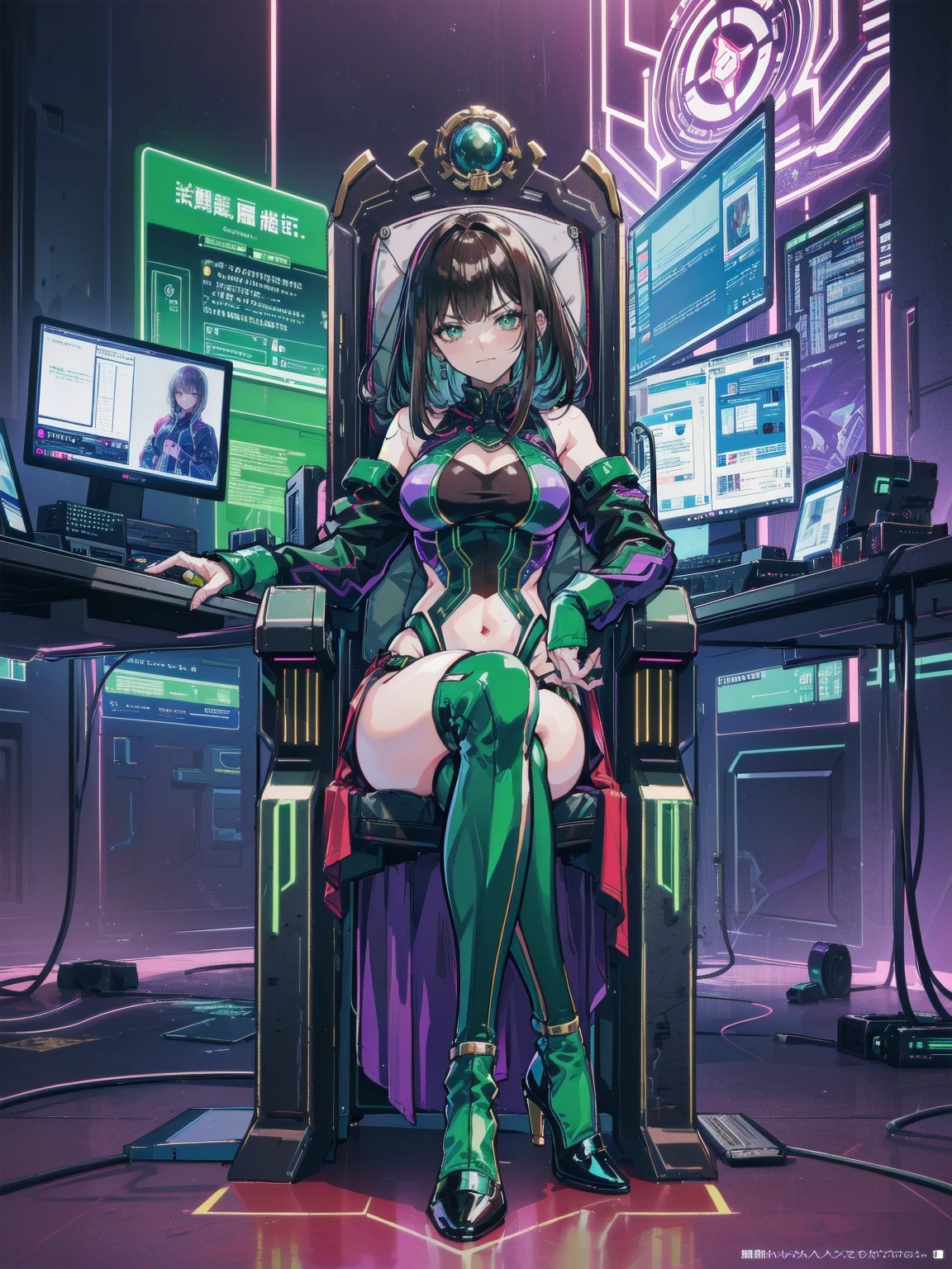 masterpiece, Best Quality, (Focus Only), (Perfect Face:1.1), (whole body), (high detail:1.1), (Ultra-detailed eyes), ((One girl, dramatic, Bright green eyes, Alone, Arrogant look)), ((Neon purple cyberpunk outfit, Mature Face, Face, Adult body, Green emerald eyes, Sexy adult eyes, Adult Eyes)), Art by Artgerm, Cinema Lighting, fashion, Small breasts, Highly detailed face, 大人Face, Very fine grain, ((Long eyelashes, Eyeliner, Frowning, Grin, Malicious smile, Sly Smile, Mouth closed, Fuller lips, Brown Hair, Straight Hair, Straight bangs, Shoulder-length hair, Hair cut to shoulder length, Medium Hair)), Purple clothes, Hourglass-shaped body, Small breasts, Small breasts, Big Hips, Thick thighs, Thick Ass, Pierced Ears, Ear piercing, Mature Expressions, Purple Neon Background, ((Fitness, , Shapely body, Athletic build, Toned body)), ((Forest in the background, Marble balcony, Sitting on the throne, Cross-legged座る, Cross-legged,  High heels, Mischievous, Red lipstick female hacker, Computer Lab, internet, Cyber World ))
