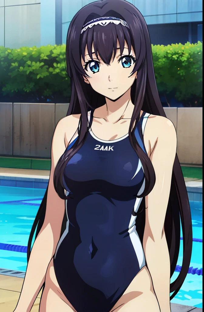 a beautiful woman, legs spread, ((wearing a high-leg racing swimsuit)) by the poolside, highly detailed, 8k, masterpiece, 1girl, Black Hair,Long Hair,blue eyes,bangs, ((髪band)), Animeセル画スタイル,masterpiece, Best Quality, Very detailed, a Anime女の子, Naughty anime style, Anime, Naughty style, Naughty, Digital anime art!!, Anime Style, Official artwork, Visual Novel CG, 美しいAnime, Anime Style (Animeセル画スタイル, masterpiece, Best Quality, High resolution, Anime Color, Megami Magazine:1.2, Anime poster style, Anime key visual, sharp, 8k, Realistic), (Beautiful Eyes:1.5), One girl, cute, Black Hair, (Perfectly detailed anatomy, Perfect Arms, Perfect Fingers, Beautiful Face, Perfect body, Glowing Skin),