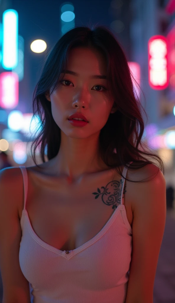 a korean nude girl seat on the chair, sexy, nsfw, big boob, big ass, ((full tattoo on body:1.2)), hongkong style backdrop, neon city light view on back, a beautiful stunning detailed 1 korean girl, full upper body shot, nacked, long legs, hot beautiful sexy body, black long curvy hair, eyes look at viewer, sexy smile, a little rain, korean idol cute 18 year olds girl