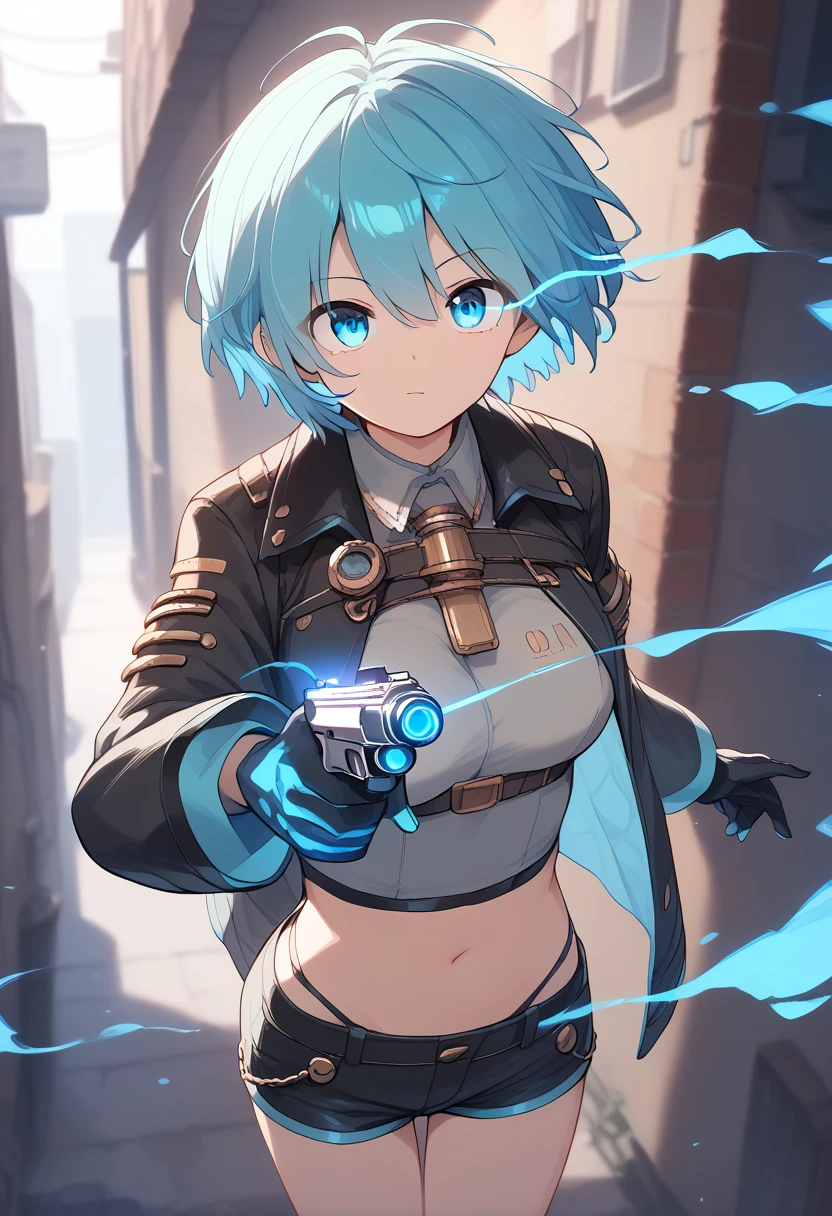 (uncensored), score_9, score_8_up, score_7_up,source_anime, high quality, exceptional, best quality, perfect hand, 1 girl, (solo), look at viewer, detailed face, detailed eyes, ((her right eye is glowing, blue fire)), (((short hair))), (dark), ((grey crop top)), ((black g-string panties)) , (middle size breasts), ((designed black jacket)), (((short pants))), ((leather gloves, her hand have hand gun)), ((standing in back alley)), hatsune miku, no hair clip, thin light blue hair, blue eyes visible through hair, glowing eye, (steampunk)