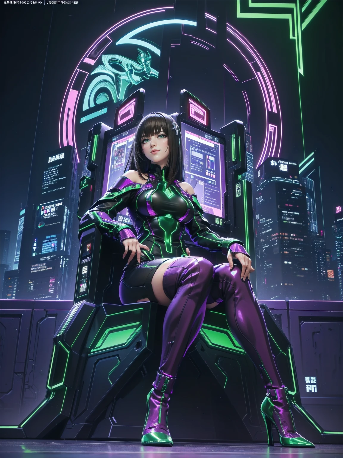 masterpiece, Best Quality, (Focus Only), (Perfect Face:1.1), (whole body), (high detail:1.1), (Ultra-detailed eyes), ((One girl, dramatic, Bright green eyes, Alone, Arrogant look)), ((Neon purple cyberpunk outfit, Mature Face, Face, Adult body, Green emerald eyes, Sexy adult eyes, Adult Eyes)), Art by Artgerm, Cinema Lighting, fashion, Small breasts, Highly detailed face, 大人Face, Very fine grain, ((Long eyelashes, Eyeliner, Frowning, Grin, Malicious smile, Sly Smile, Mouth closed, Fuller lips, Brown Hair, Straight Hair, Straight bangs, Shoulder-length hair, Hair cut to shoulder length, Medium Hair)), Purple clothes, Hourglass-shaped body, Small breasts, Small breasts, Big Hips, Thick thighs, Thick Ass, Pierced Ears, Ear piercing, Mature Expressions, Purple Neon Background, ((Fitness, , Shapely body, Athletic build, Toned body)), ((Forest in the background, Marble balcony, Sitting on the throne, Cross-legged座る, Cross-legged,  High heels, Mischievous, Red lipstick female hacker, Computer Lab, internet, Cyber World ))
