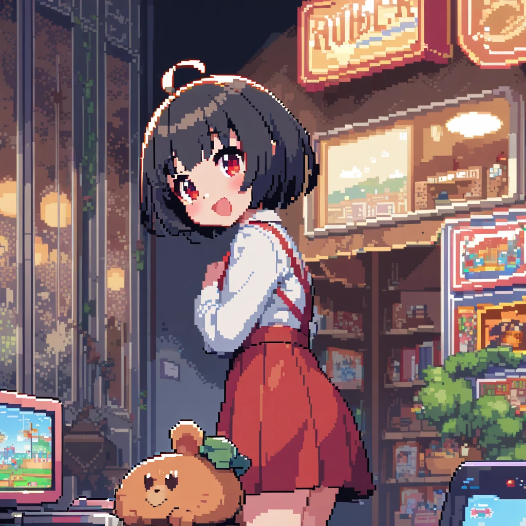 (((pixel art, chibi-stylized, stylized game character, fewer wrinkles, simplified contours))), (a woman masturbating with the corner edge of the table, lean on the table), slut, ((orgasm, ecstasy face)), (blush), dark brown pupil, open mouth, ((drooping eyes, blush)), ((sleepy)), (angle from below), (outside, eccentric place), (eccentric pose), chest, tiny earrings, short bob, pinches chest,
