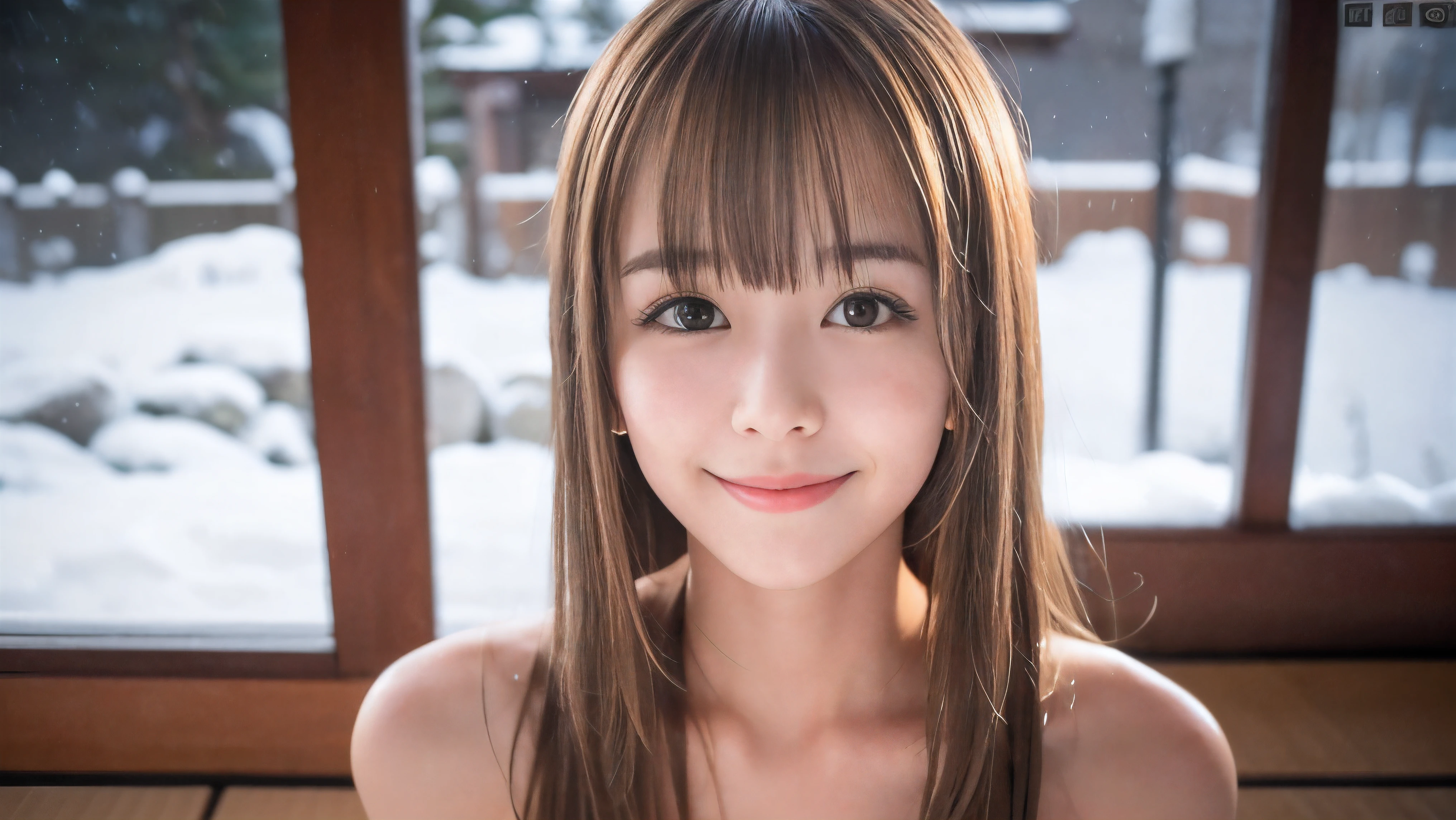 (Face shot of a naked slender small breasts half up blonde long hair with bangs girl:1.5)、(Naked blonde hair girl is soaking in a Japanese onsen outdoors with a shy smile:1.5)、(Outdoor Japanese onsen has much white steam mist and  snow landscape:1.5)、(blurred background:1.5)、(Natural light:1.5)、(8k ultra detailed master piece:1.5)、(perfect anatomy:1.5)、(Photorealistic stick:1.5)、(Raw photo:1.3)、(highest quality:1.5)、(High resolution:1.3)、(Delicate and beautiful perfect face:1.3)、(Delicate and beautiful eye air skin:1.3)、(Real Human Skin:1.3)、((thin legs))