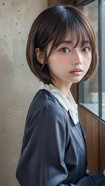 ((software: 1.4)),((Detailed face, Professional photography)), ((software, Barista uniform, 1 girl)), Ultra-high resolution, (Realistic: 1.4), RAW Photos, Best Quality, (PhotoRealistic Stick), concentrated, Soft Light, ((Bobcut)), ((Japanese)), (( (Young Face))), (surface), (Depth of written boundary), masterpiece, (Realistic), woman, ((1 girl))、blush、(With open arms)、Leaning against a wall、amount
