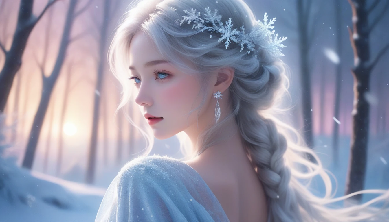 A Masterpiece In 32K Resolution, Supreme Clarity, Hyperreal Detail, Cinematic Artwork, Ultra-High-Resolution 32K Wallpaper, Majestic Lighting, Ethereal Beauty, And Immaculate Precision. The Scene Portrays A Girl Amidst A Serene, Snow-Covered Forest, Soft Flurries Falling Around Her In The Crisp Night Air. She Accentuating Her Full Bosom, With Glistening Jewelry That Dances With Her Every Shift. Her Skin Shimmers Like Frosted Glass, Radiating A Subtle Glow Against The Moonlit Snow. Her Wild, Wind-Swept Silver Hair Cascades Over Her Shoulders, Blending Effortlessly With The Pale, Icy Landscape. Glistening Crystals Of Snow Catch In Her Hair, Reflecting The Cool Light Of A Winter Night. She Is Draped In A Flowing, Ethereal Gown That Glows Softly Under The Majestic Northern Lights, Which Dance Across The Sky. Her Piercing, Ocean-Blue Eyes Stand Out Strikingly Against The Pale Environment, With An Intense, Soulful Gaze That Draws The Viewer In. Her Jewelry, Embellished With Frosted Gems, Glimmers As She Moves Gracefully Through The Snow-Laden Forest. The Cinematic Lighting Highlights The Depth And Immensity Of The Snow-Covered Scene, While Her Mystical Aura Exudes Grace And Elegance. The Hyper-Realistic Detail Captures Her Serene Yet Powerful Presence, Surrounded By The Whispering Silence Of The Winter Landscape, With Each Snowflake Illuminated In The Crisp Air Around Her.