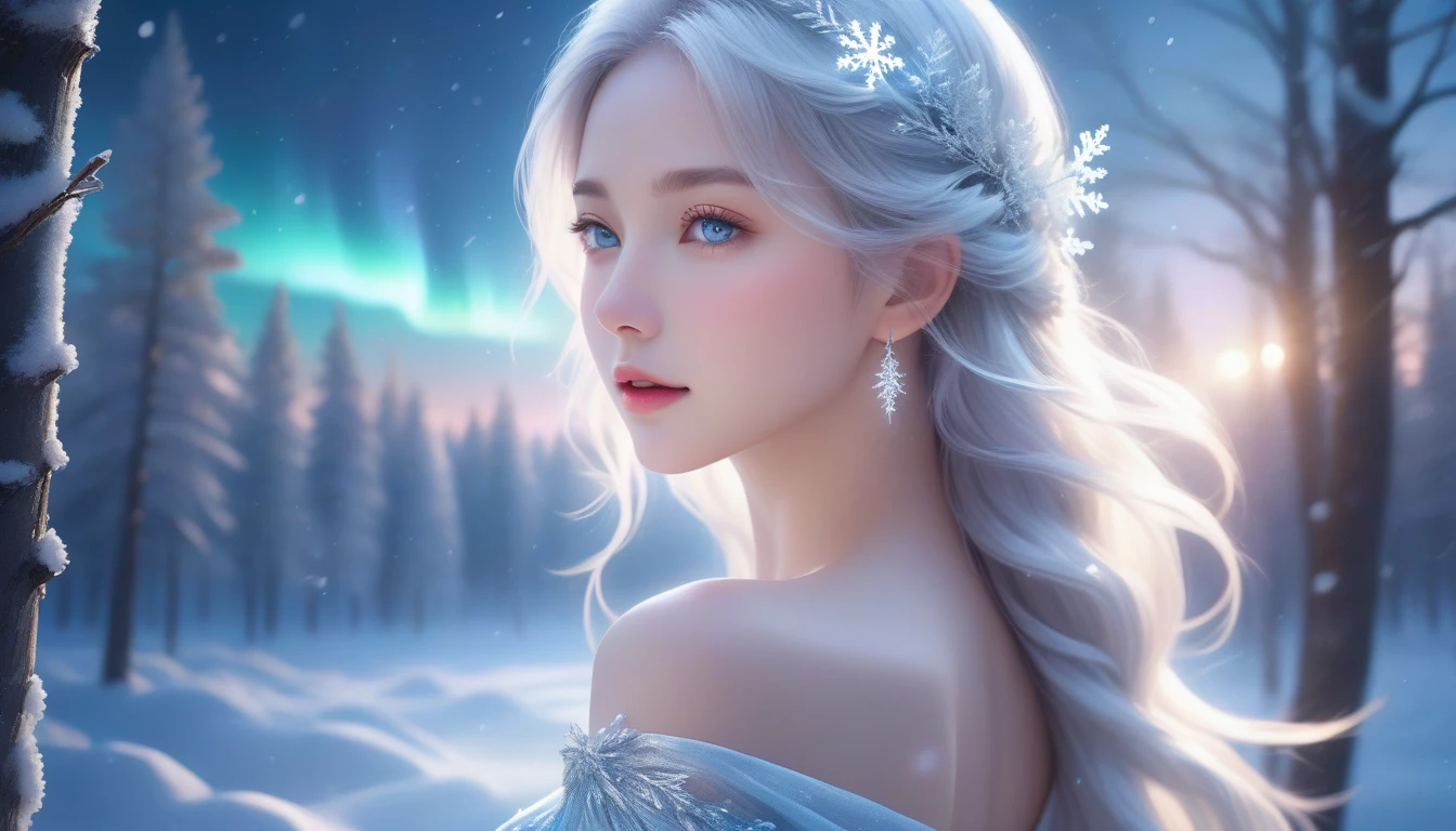 A Masterpiece In 32K Resolution, Supreme Clarity, Hyperreal Detail, Cinematic Artwork, Ultra-High-Resolution 32K Wallpaper, Majestic Lighting, Ethereal Beauty, And Immaculate Precision. The Scene Portrays A Girl Amidst A Serene, Snow-Covered Forest, Soft Flurries Falling Around Her In The Crisp Night Air. She Accentuating Her Full Bosom, With Glistening Jewelry That Dances With Her Every Shift. Her Skin Shimmers Like Frosted Glass, Radiating A Subtle Glow Against The Moonlit Snow. Her Wild, Wind-Swept Silver Hair Cascades Over Her Shoulders, Blending Effortlessly With The Pale, Icy Landscape. Glistening Crystals Of Snow Catch In Her Hair, Reflecting The Cool Light Of A Winter Night. She Is Draped In A Flowing, Ethereal Gown That Glows Softly Under The Majestic Northern Lights, Which Dance Across The Sky. Her Piercing, Ocean-Blue Eyes Stand Out Strikingly Against The Pale Environment, With An Intense, Soulful Gaze That Draws The Viewer In. Her Jewelry, Embellished With Frosted Gems, Glimmers As She Moves Gracefully Through The Snow-Laden Forest. The Cinematic Lighting Highlights The Depth And Immensity Of The Snow-Covered Scene, While Her Mystical Aura Exudes Grace And Elegance. The Hyper-Realistic Detail Captures Her Serene Yet Powerful Presence, Surrounded By The Whispering Silence Of The Winter Landscape, With Each Snowflake Illuminated In The Crisp Air Around Her.