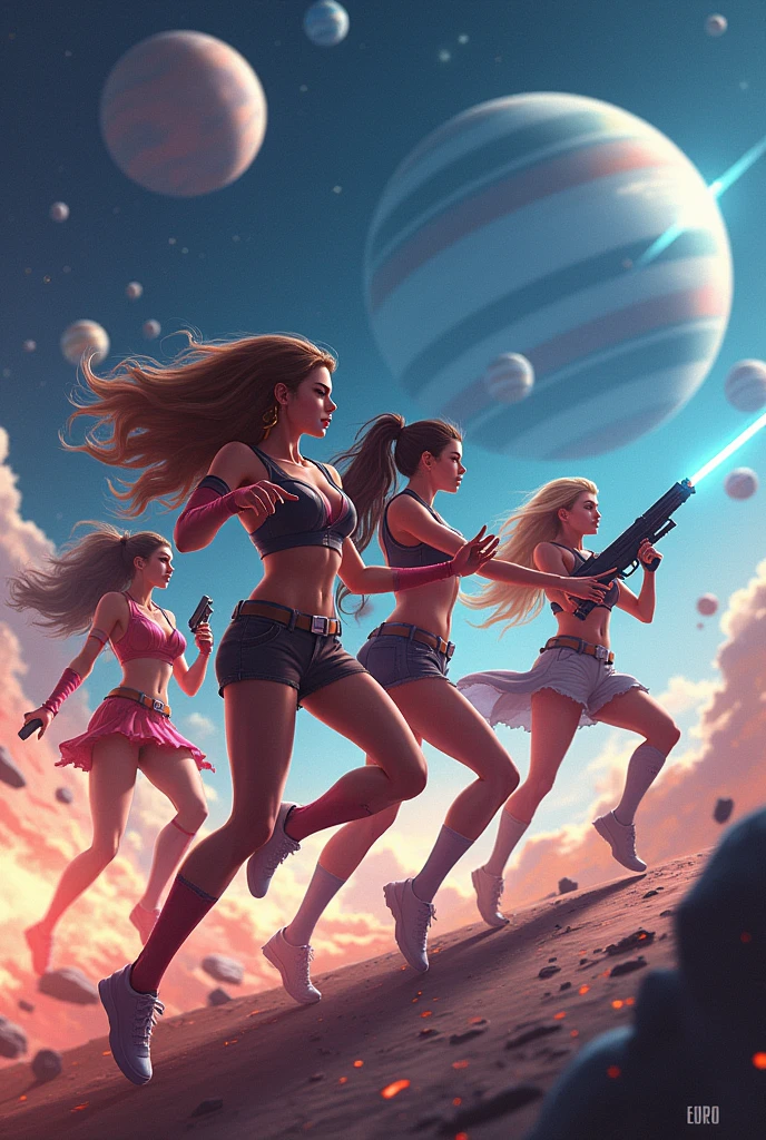 asteroid crashing into moon women watching in multicolored astronaut suit tight bodies athletic slim big breasts big buttocks