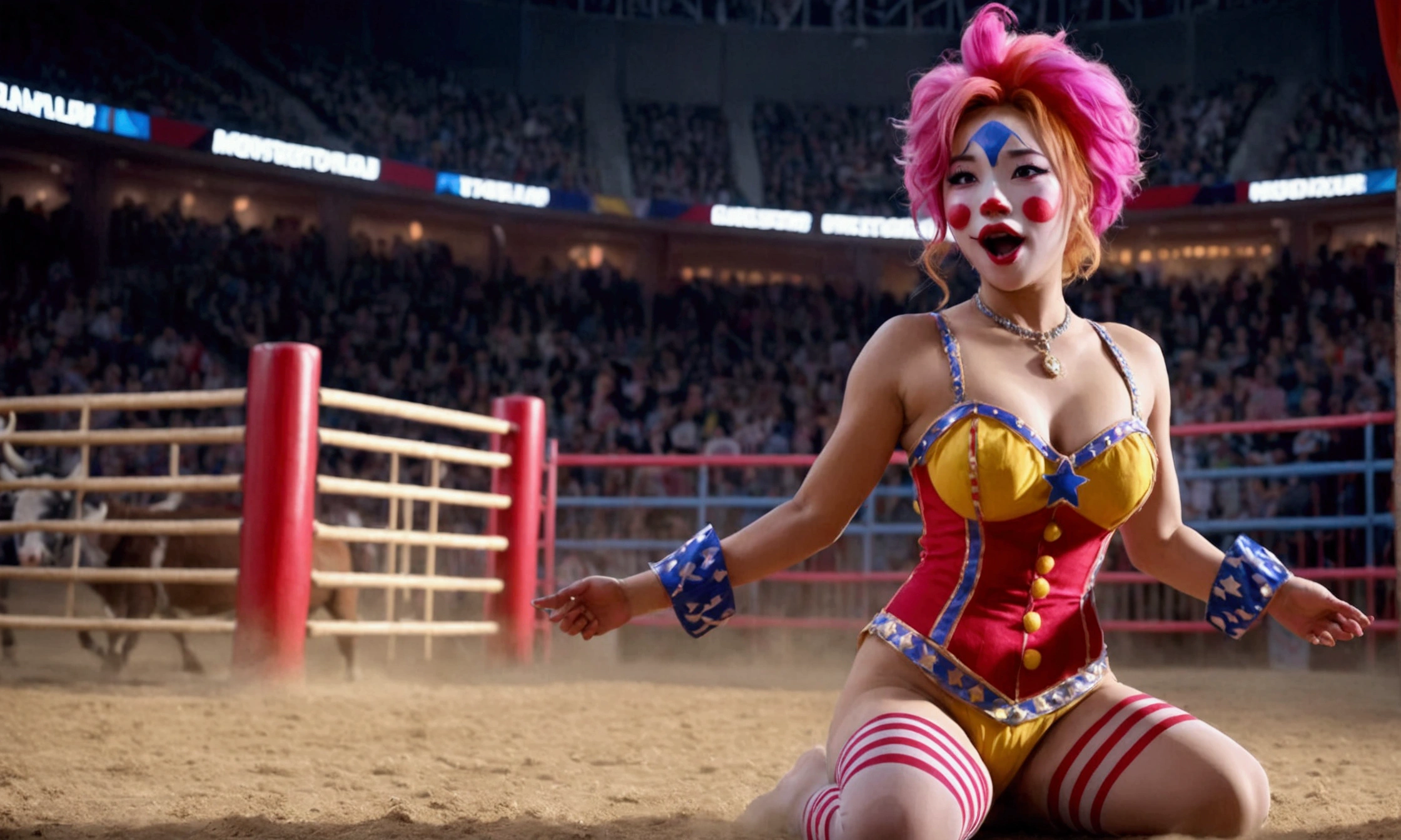 cute yuna, 2, sexy rodeo clown, crazy clown makeup, in the middle of the rodeo ring, action pose taunting extremely aroused minotaur, colorful barrel nearby, 8k, high quality, masterpiece, hyper detailed, realistic, cinematic lighting, vibrant colors, dramatic composition
