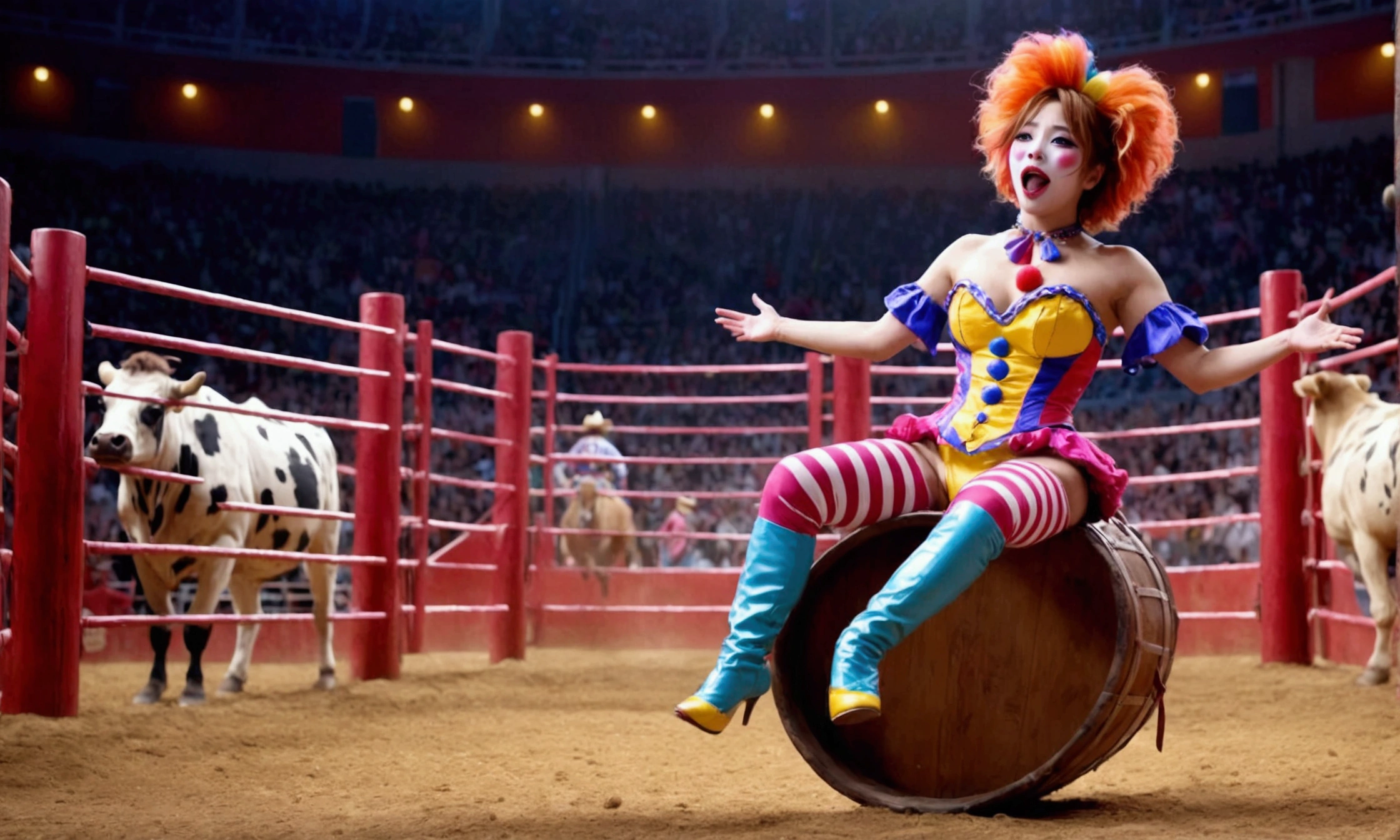 cute yuna, 2, sexy rodeo clown, crazy clown makeup, in the middle of the rodeo ring, action pose taunting extremely aroused minotaur, colorful barrel nearby, 8k, high quality, masterpiece, hyper detailed, realistic, cinematic lighting, vibrant colors, dramatic composition
