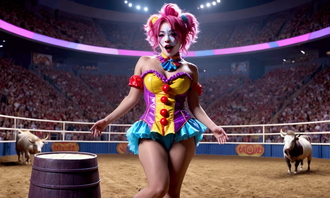 cute yuna, 2, sexy rodeo clown, crazy clown makeup, in the middle of the rodeo ring, action pose taunting extremely aroused minotaur, colorful barrel nearby, 8k, high quality, masterpiece, hyper detailed, realistic, cinematic lighting, vibrant colors, dramatic composition
