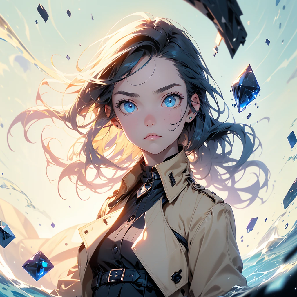 (best quality, masterpiece),(1girl, trench coat,expression face, blue eyes, looking at viewer, black hair, closed mouth, dress shirt, black skirt, hand at viewer), (less blue light, swrling many blue glass pieces behind, floating objects, night sky)