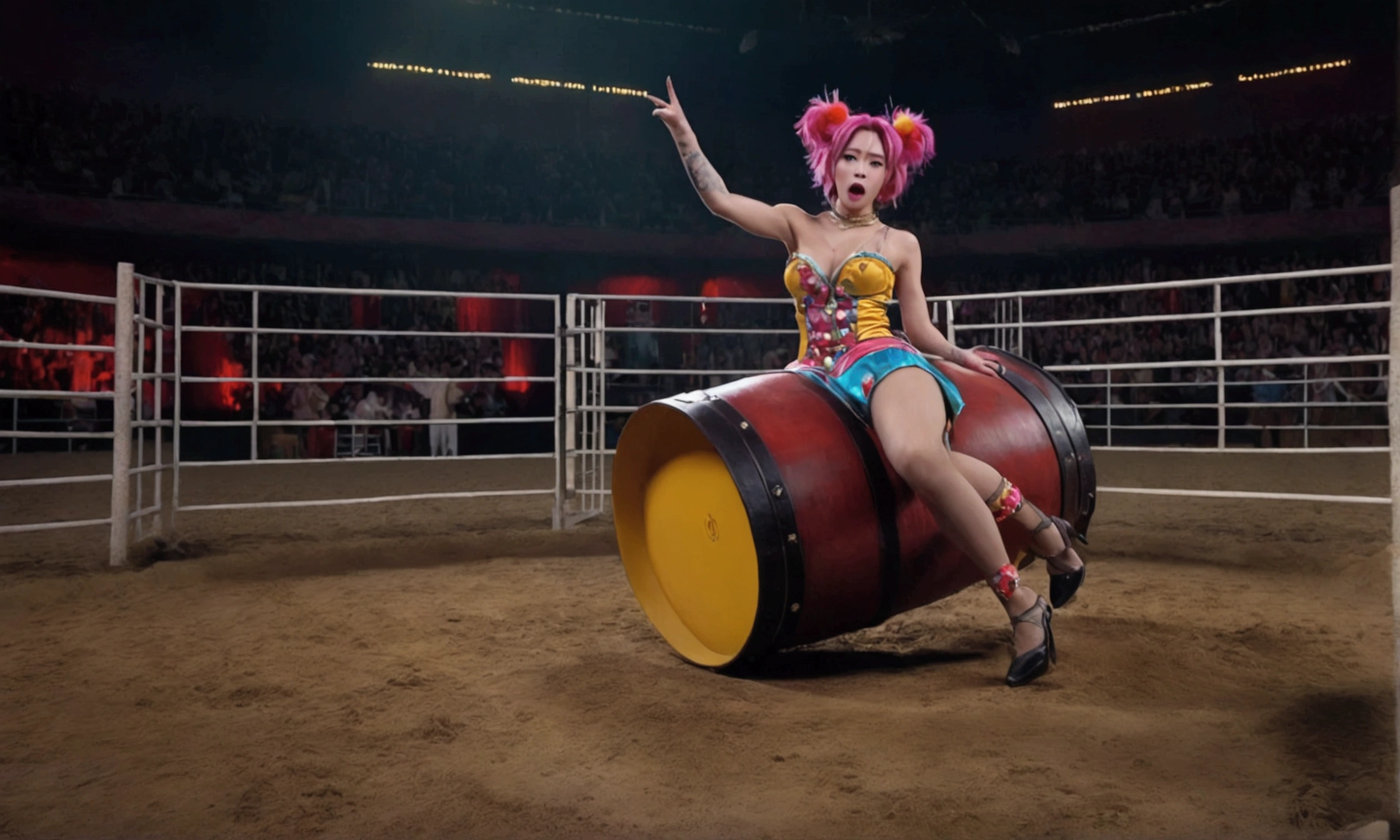 cute yuna, 2, sexy rodeo clown, crazy clown makeup, in the middle of the rodeo ring, action pose taunting extremely aroused minotaur, colorful barrel nearby, 8k, high quality, masterpiece, hyper detailed, realistic, cinematic lighting, vibrant colors, dramatic composition
