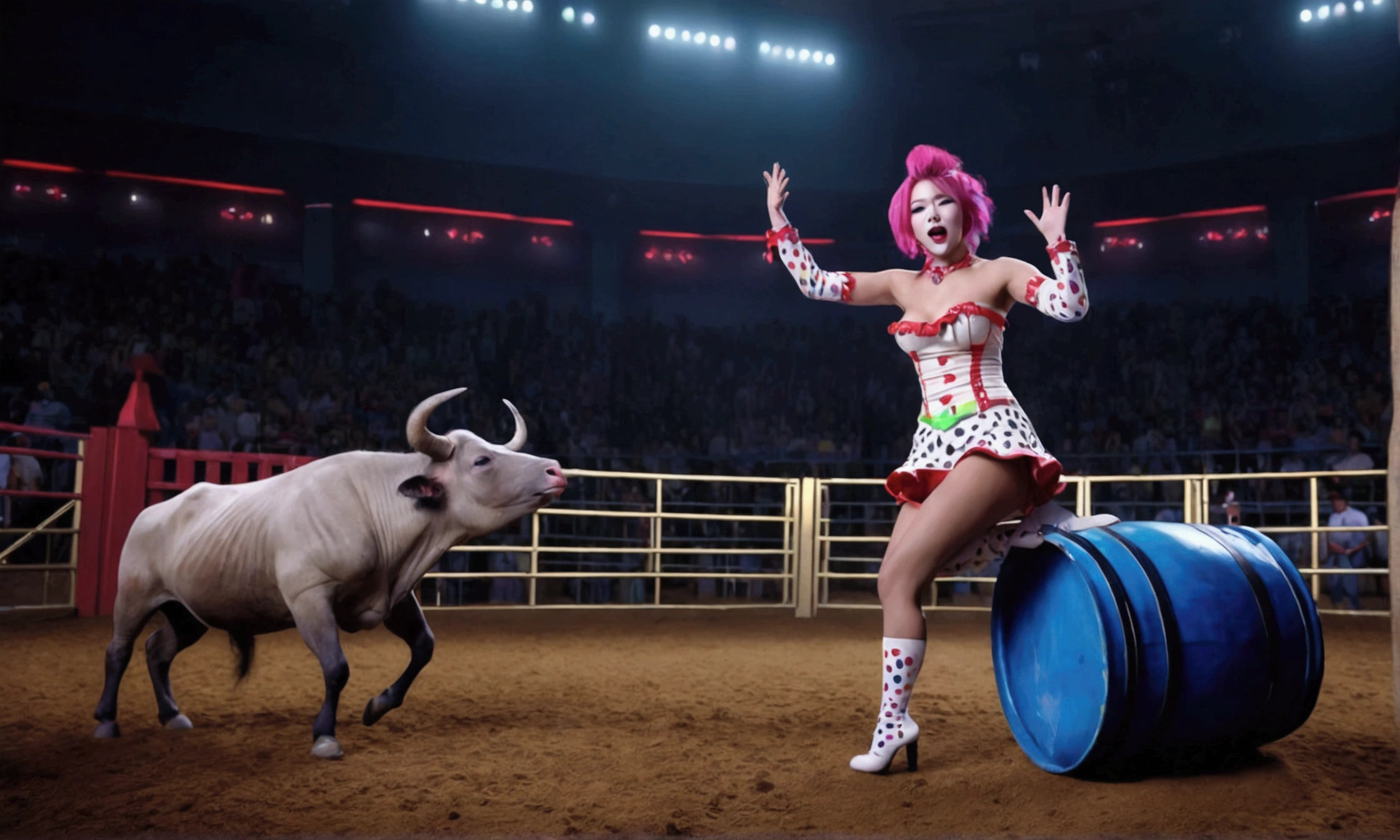 cute yuna, 2, sexy rodeo clown, crazy clown makeup, in the middle of the rodeo ring, action pose taunting extremely aroused minotaur, colorful barrel nearby, 8k, high quality, masterpiece, hyper detailed, realistic, cinematic lighting, vibrant colors, dramatic composition
