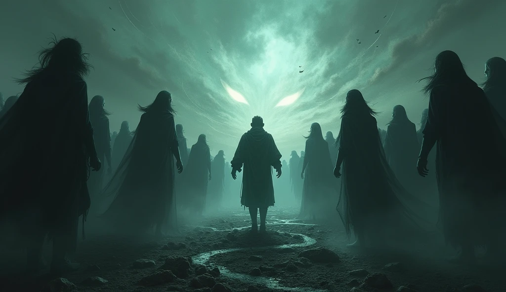 three evil priests, dressed in tunics of black colors, blue and red, kneeling in front of a towering evil woman with snake-like hair, photorealism, 34K, set in a ruined castle