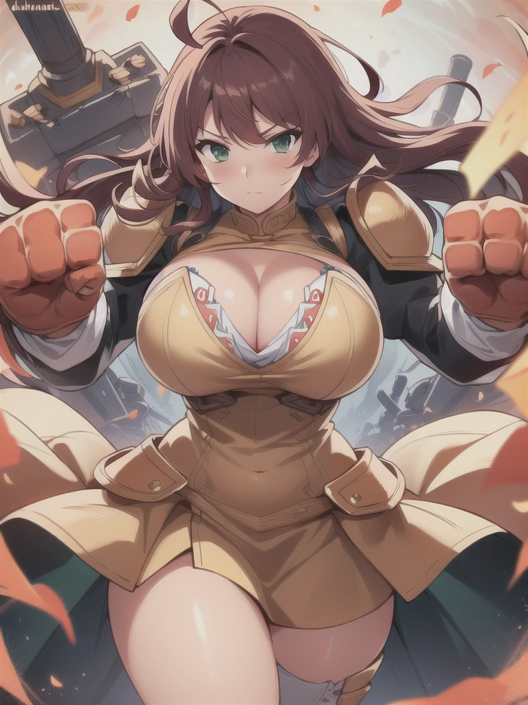 masterpiece,best quality,kim_kwang_hyun, 1girl, plumpy , auburn colored hair, Bangs, ribbon, chunky, solo, Auburn colored  hair, large huge breasts, looking at viewer, blueish-green eyes, Auburn colored hair, plump bosom, large huge breasts, long sleeves, dress, cleavage, closed mouth, weapon ((mechanical-fists)), puffy sleeves, arm up, clothing cutout, copyright name, yellow dress, cleavage cutout, juliet sleeves , power armor, shoulder armor, 2 ahoge,  Auburn colored hair, blueish-green eyes, hair ornaments 