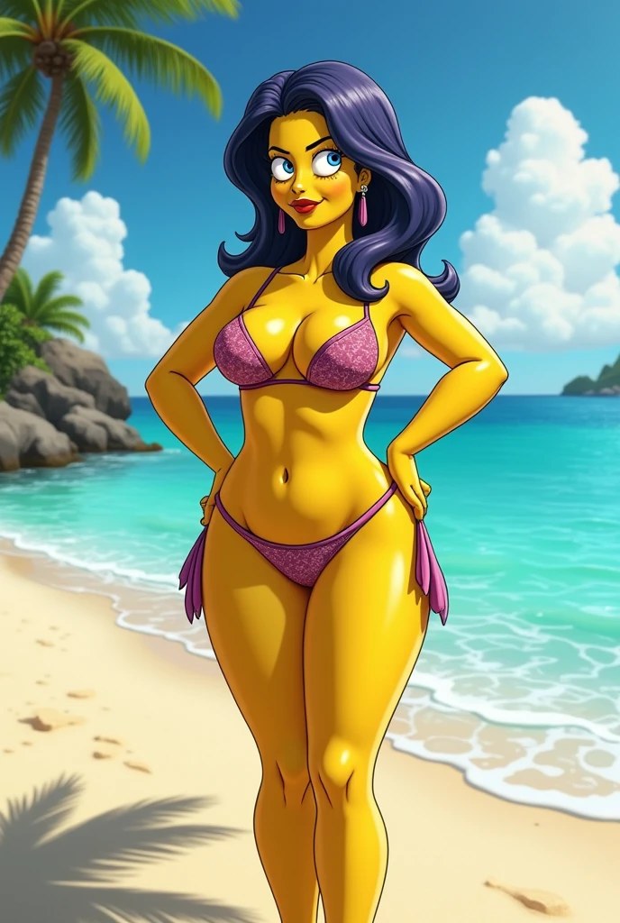 Megara ((nude)) (pubic hair) (full figure) sitting legs spread on a rocky beach, smiling, fun ((masterpiece)) ((best quality)) ((highly detailed))