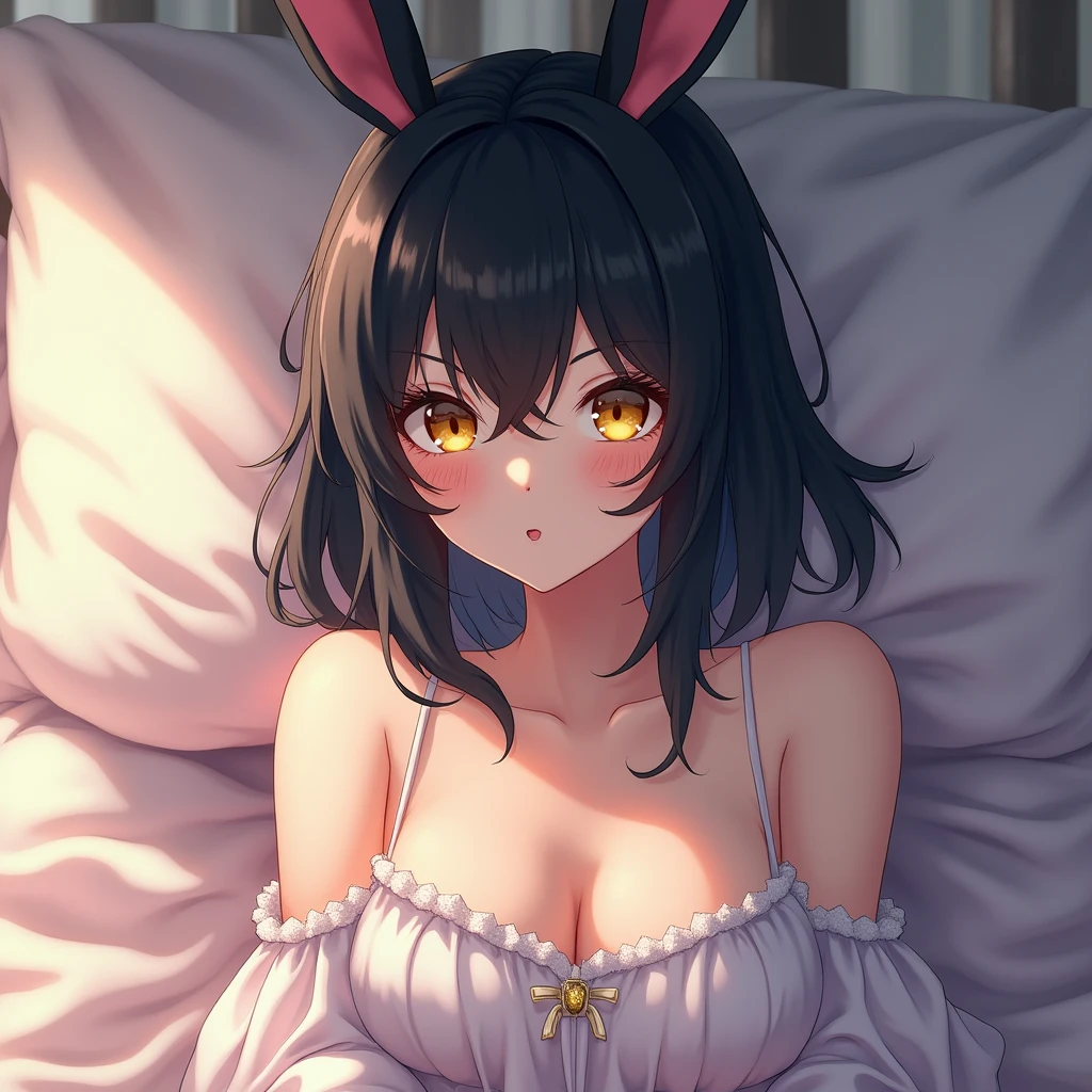 Close-up,Highest quality, Ultra Detail, High-quality CG rendering, The most delicate and beautiful, Floating softly, High resolution, (1 girl), (Highest quality,4K,8k,masterpiece:1.2) ,Light purple hair,(Bunny ears:1.5),(Long Hair:1.4),Red eyes,(Completely naked:1.5),room,Upper Body,(Collapsed in bed:1.5),Defeated,,(Slightly larger breasts:1.2),Sleep,Are sleeping,(front:1.2)