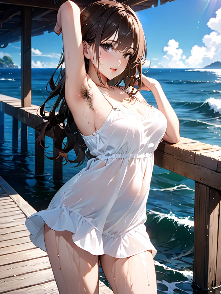 (masterpiece, best quality:1.2), illustration, anime, (wide shot), model shoot, 1girl, (armpits , short underarm hair) , show tits, show panty, long dark hair, dark brown eyes, pretty lips, beautiful faces, beautiful eyes, wet white sundress, wet body, back lighting, standing on pier, (ocean, glittering water surface), waves, scenery summer pier background, vibrant color, bright sunlight, 8K, ultra HD