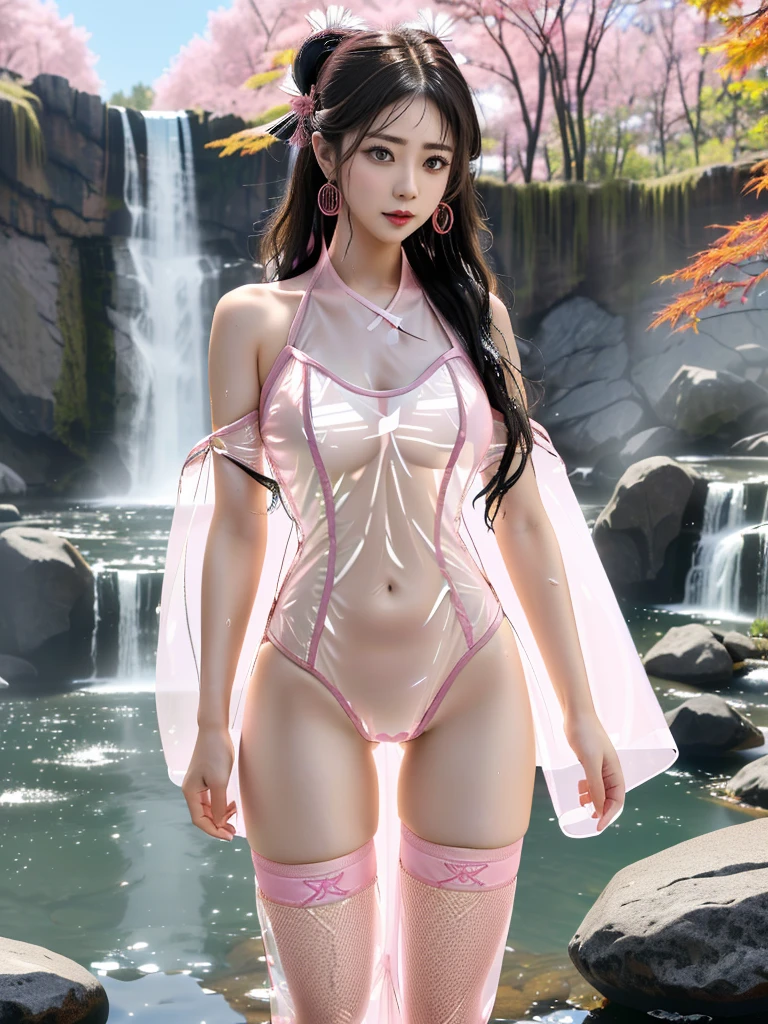 一个有着美丽脸庞的Sexy中国华裔女孩, Wearing avant-garde transparent fabric Hanfu, (((Light theme, Expose the subject, Sexy主题)))
(((rain, Very close to the waterfall, Autumn maple tree, Red maple leaf))),
((8K Ultra HD, 8K, Ultra-high resolution, Best quality, Super Fine, Clear focus. Masterpieces, complete pattern, Ultra HD, Detailed photos, Best image quality，Ultra-clear，Delicate facial features，Well-defined, Highly rated works, Close-up depth of field photography, Above the knee)), 
((Creating the image of a real girl), Realistic shadows, Soft lighting, Dynamic Angle, Dynamic poses, Elegant Posture, Cowboy lens, Full body front view, Be confident, Facing the camera, Eyes looking towards camera lens, Standing posture, Open your legs slightly, Golden Ratio Graphics, Minimalism, Center the character), 
( Smile, Sexy的, Balanced Eyes, Realistic eyes, Beautiful details of the eyes,Pretty Face, (Realistic face), Normal facial features, Realistic skin, Pay attention to skin details, Skin is clean and radiant, Whitening, Anatomically correct body, Golden ratio figure, Sexy的身材), 
(Perfect makeup, Gloves, earrings, bracelet, necklace, Jewelry, Hair accessories, shawl, sock, Knee socks, 吊garter, Leg ring, garter, 腿部garter), 
((beautiful hair), Dark brown hair, Fluffy hair, Wavy curly hairstyle, Waist-length hair, Messy Hairstyle, Gradient hairstyles, Cyberpunk Hairstyle, High double ponytail hairstyle), 
((Transparent clothes: 1.5), (Revealing clothes: 1.5),  (Wet clothes:1.5), (Color of clothes: Pink), Wearing transparent clothing, (((Transparent pink mesh Hanfu))), (((Transparent pink mesh tube top))), (((Transparent pink mesh tube top))),), 
(Sexy的, Perfect breast shape, Teardrop chest shape, Snow-white breasts, Very detailed breasts, 34C cup), 
(Super high waist, Deep V, Low-cut, Sexy, Flattering, Open crotch, (Clear camel toe, (High fork strangulation))),
(((Clear outline, Clear underwear, 透明Sexy的穿着)))