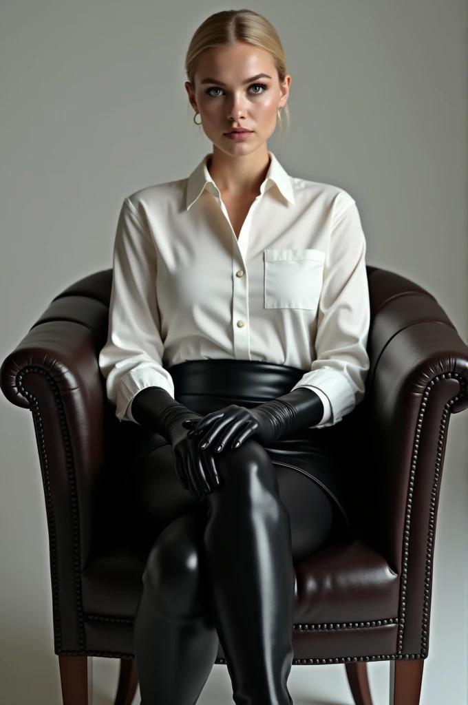(RAW shooting, Photoreal:1.5, 8k, highest quality, masterpiece, ultra high resolution), perfect dynamic composition:1.2, Highly detailed skin and facial textures:1.2,beautiful and aesthetic:1.2, full body, Fair skin, (large breast:1.4), (perfect limbs:1.2), (perfect fingers:1.2),(caucasian,1girl,earrings,makeup, tall,short blonde hair,perfect thigh, vest,tight white shirt,long sleeves,necktie,belt,tight black long pants,ankle black boots,fingerless gloves),(simple background:1),