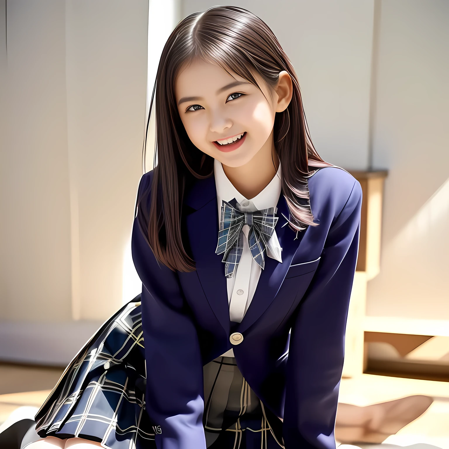 (Highest quality, masterpiece:1.2), Highest quality, High resolution, 1080P, 8k, 158cm, (A noble, graceful and **** Japanese young long straight hair fashion model lying on a white floor is laughing at me, look at me with intense pity: 1.5), (Everyone says she is the most beautiful girl in Japan: 2.0), White skin that looks like she has never been outside the house, (drooping, double-eyelids, brown wet cutely smiling large eyes with detailed, long bottom eyelashes, like **** most beautiful fashion model in Japan: 1.5), (Navy colored school blazer, Blue colored pleated school tartan checkered skirt: 1.5), (Plain blue school ribbon on the breast), (Nothing background except completely white wall: 1.7), (Girl whom everyone loves because of her beauty and lovely fashion and noble manner and magic-charm of succubus: 1.8), (Very beautiful, neat, super-long straight black hair like a hair model, with a pair-pin: 1.3), (Drives me crazy for their neat tartan checkered blue skirts and make me fall into her tartan checkered skirt: 1.8), 