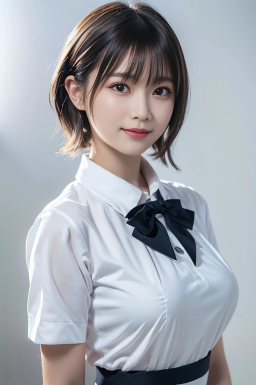 (a beautiful detailed korean lady, with piercing red eyes, short bob to hair, healthy body proportions, modest ?????, wearing a white shirt, black choker, blue necktie, and plaid skirt, smiling and grinning in studio, (best quality,4k,8k,highres,masterpiece:1.2),ultra-detailed,(realistic,photorealistic,photo-realistic:1.37),HDR,UHD,studio lighting,ultra-fine painting,sharp focus,physically-based rendering,extreme detail description,professional,vivid colors,bokeh)