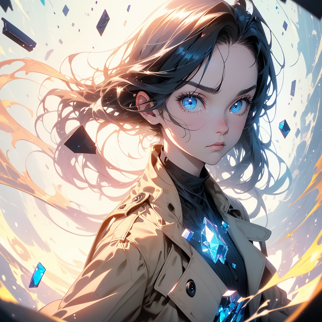 (best quality, masterpiece),(1girl, trench coat,expression face, blue eyes, looking at viewer, black hair, closed mouth, dress shirt, black skirt, hand at viewer), (less blue light, swrling many blue glass pieces behind, floating objects, night sky)