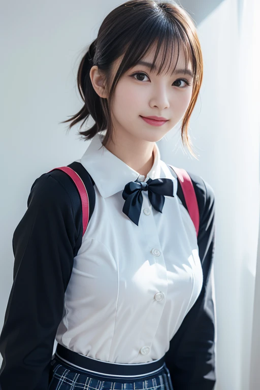 (8K、Raw photography、top-quality、The ultra -The high-definition、​masterpiece:1.2)、(reallistic、Photorealsitic:1.37)、1人の女性、1 person woman、cute little、独奏、Beautiful sky、Detailed Cafe、natta、Sitting、date、(Nasal redness)、(A smile:1.1)、(Closed)、mideum breasts、beautidful eyes、(shirt with collar:1.1)、a bow tie、pleatedskirt、(short-hair:1.2)、Floating hair、(Very tall supermodel:1.3、Very leggy supermodel:1.3、neck long、Put your ears out、Light in the eyes、hi-school girl)、((adult appeal、30-years old))