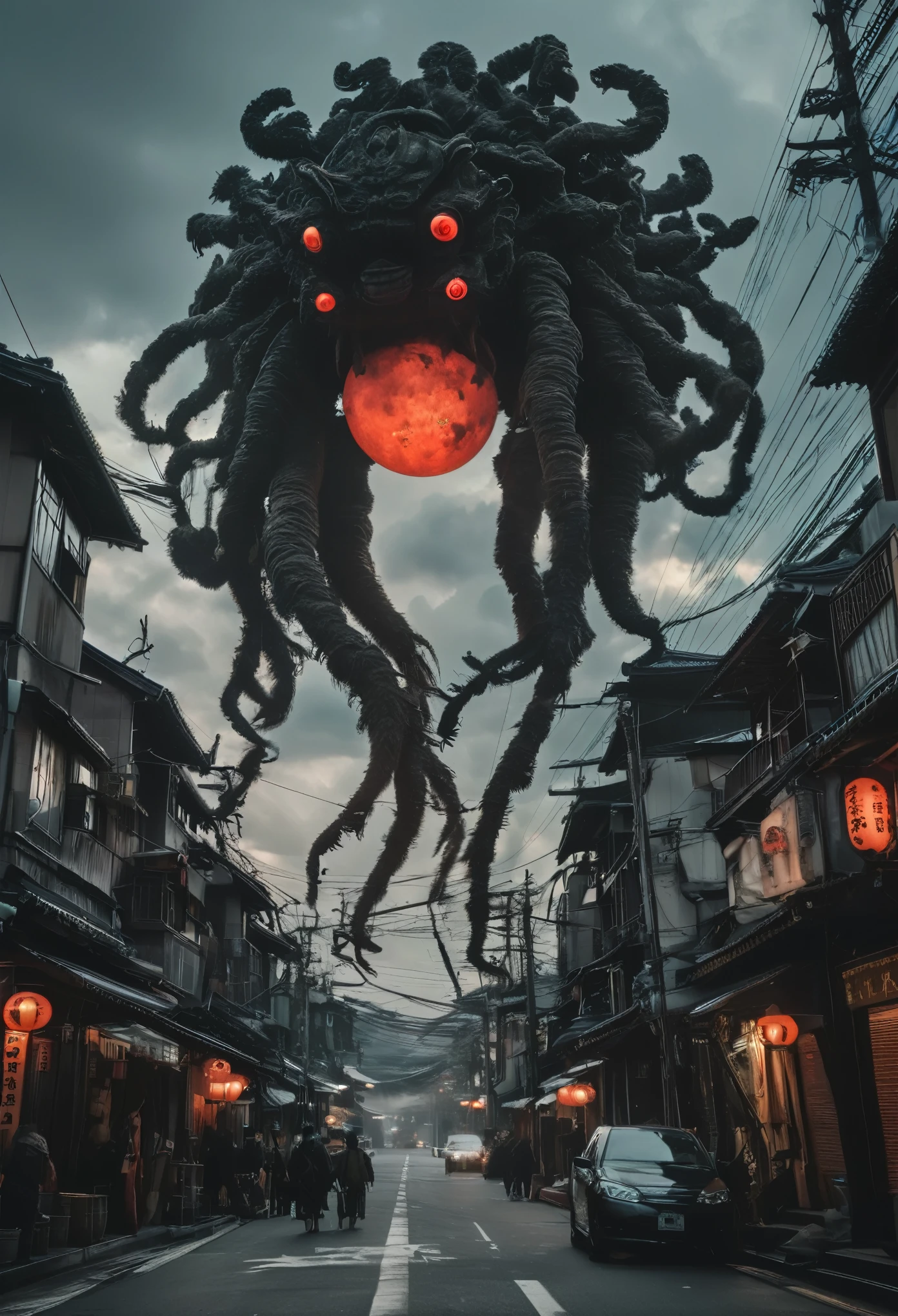 Neon Street in Shibuya, Tokyo Tower, A very large black smoke monster, Huge eyes1It is attached in the center