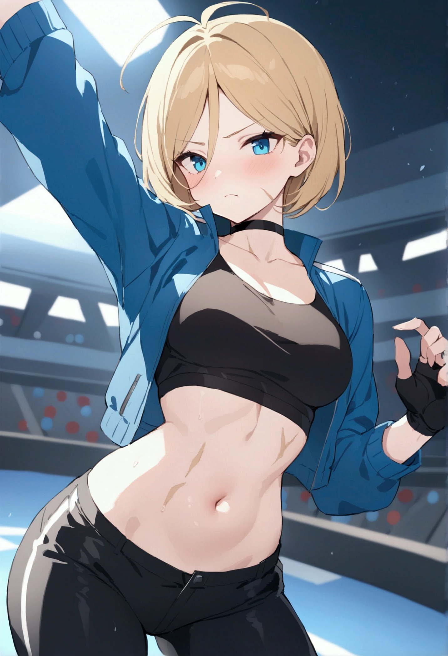 2D anime picture, (anime style 1), single female arrogant boxer, 20 years old, sadistic, Japanese, pretty haircut, в сексуальном боксёрском наряде with high neck crop top, in long shorts, stands near the boxing ring, in empty gym, night