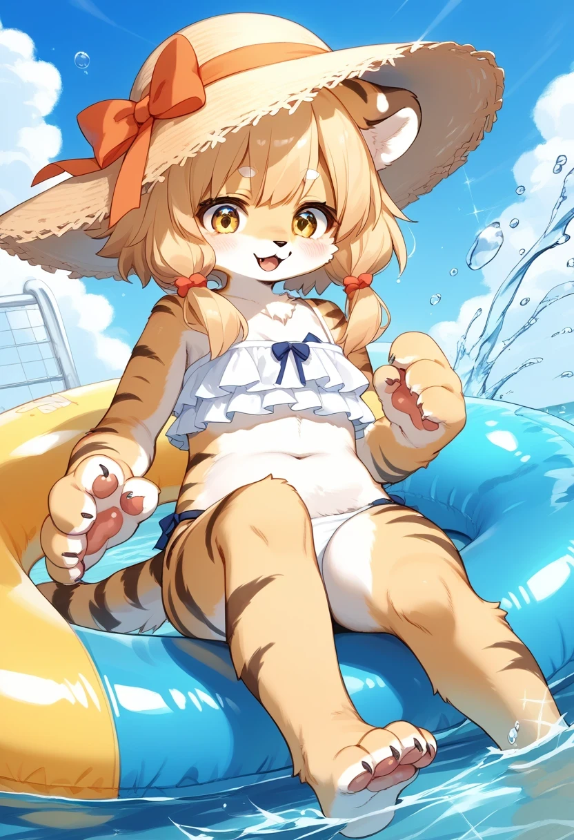 score_9, score_8_up, score_7_up, score_6_up, score_5_up, score_4_up, source_anime, best quality, masterpiece, 1 female, (furry, kemono:1.2), tiger, 1Girl, child-sized animal girl, fluffy fur, large expressive eyes, floppy animal ears, tiny snout, paw-like hands and feet, short furry tail, wearing adorable , frilly design with animal print, inflatable arm floaties, sitting in colorful kiddie pool, splashing water, rubber ducky, beach ball, cheerful expression, sun hat, water droplets on fur, sparkly eyes, pastel color palette, summer backdrop, moe aesthetics,source_furry,source_anime,((furry,anthro)),lyh,
