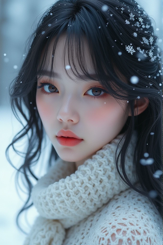 A woman who resembles Winter, with long wavy hair, flat bangs, double eyelids with an in-outline line, and the latest Korean makeup.