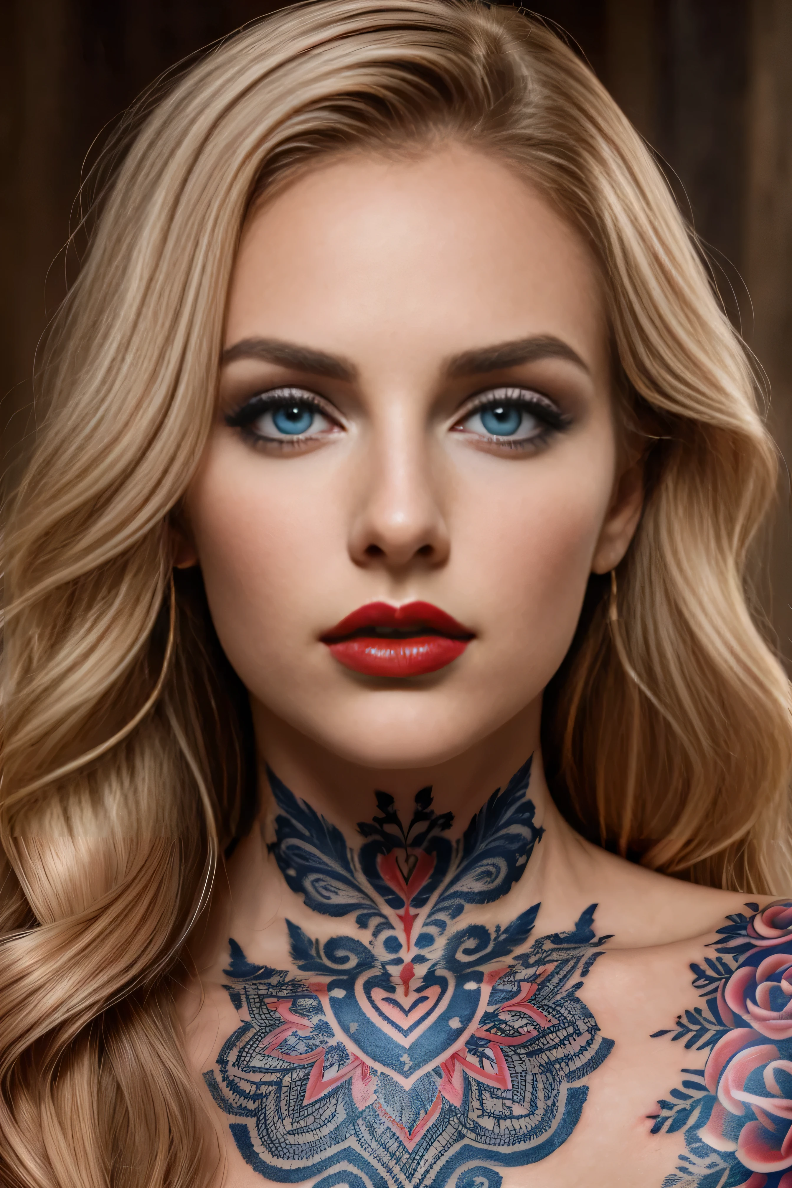 portrait photo of a beautiful woman with a beautiful face, tattooed neck graceful neck, red full lips, , blue expressive eyes, high arched eyebrows, high forehead, beautiful nose, blonde long wavy hair realistic skin texture photo realistic