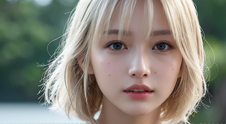 a cute ultra young japanese girl, extremely detailed face, NO makeup,beautiful eyes with long eyelashes, charming eyes,dropped eyes,small delicate nose, lovely smiling lips, (short silver hair:1.5), (porcelain white skin, wearing a lacy キャミソール, slender figure:1.25), (best quality,4k,8k,highres,masterpiece:1.2),ultra-detailed,(realistic,photorealistic,photo-realistic:1.37),HDR,UHD,studio lighting,ultra-fine painting,sharp focus,physically-based rendering,extreme detail description,professional,vivid colors,bokeh,portraits,soft pastel colors,natural lighting,cinematic composition