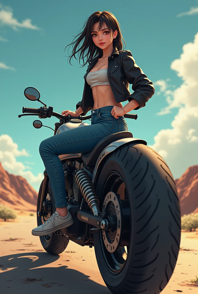 quality\(masterpiece, best quality,8K,非常に精細なCGユニットのwallpaper,High resolution,top-quality,top-quality real texture skin,Surreal,Increase the resolution,RAW Photos,最高quality,Very detailed,wallpaper\), break ,motorcycle、Harley-Davidson, Girl with short hair, Girl riding a motorcycle、BREAK、Long Shot、Full body angle、Running through the valley、