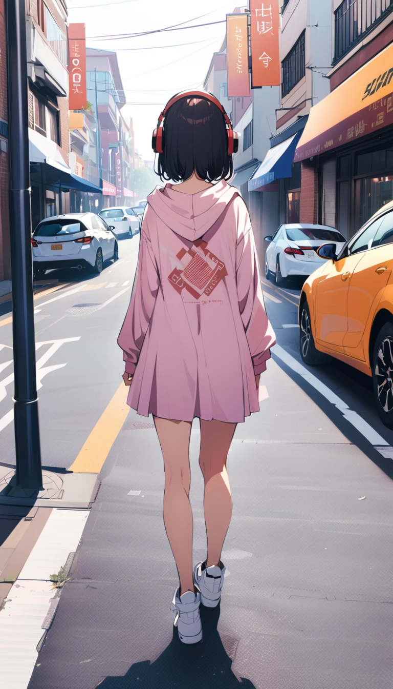 A girl with short black hair wearing headphones walking down the street、Side view of the street、A side view of the girl positioned to the right、Looking at the camera、whole body、Vision、Summer Hoodie、Summer Skirt、