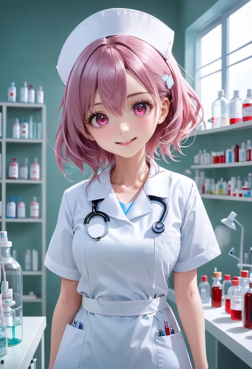 UHD, masterpiece, anatomically correct, super detail, high details, best quality, 8k,perfect beauty 1girl, oily skin, random Breast size、random hair style、random hair color,nurse uniform,nurse uniform,nurse cap, crazy eyes, mismatched pupils, smile, anime style, retina,hug a large syringe, heart,,,,,,,one small cute monster, madness cute, strange shape, her lovingly embraces monster,,,,,,(desolate laboratory, terrifying, full of madness,Broken syringes, lab equipment and rotten liquid on the wall)