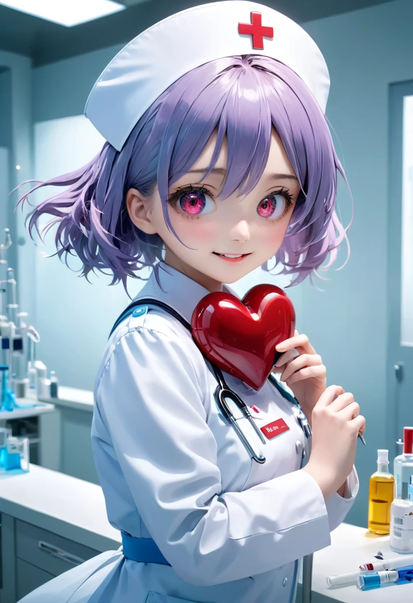 UHD, masterpiece, anatomically correct, super detail, high details, best quality, 8k,perfect beauty 1girl, oily skin, random Breast size、random hair style、random hair color,nurse uniform,nurse uniform,nurse cap, crazy eyes, mismatched pupils, smile, anime style, retina,hug a large syringe, heart,,,,,,,one small cute monster, madness cute, strange shape, her lovingly embraces monster,,,,,,(desolate laboratory, terrifying, full of madness,Broken syringes, lab equipment and rotten liquid on the wall)