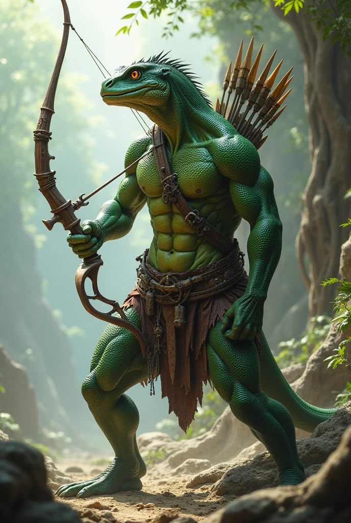muscular lizardfolk archer with orange eyes and dark green skin