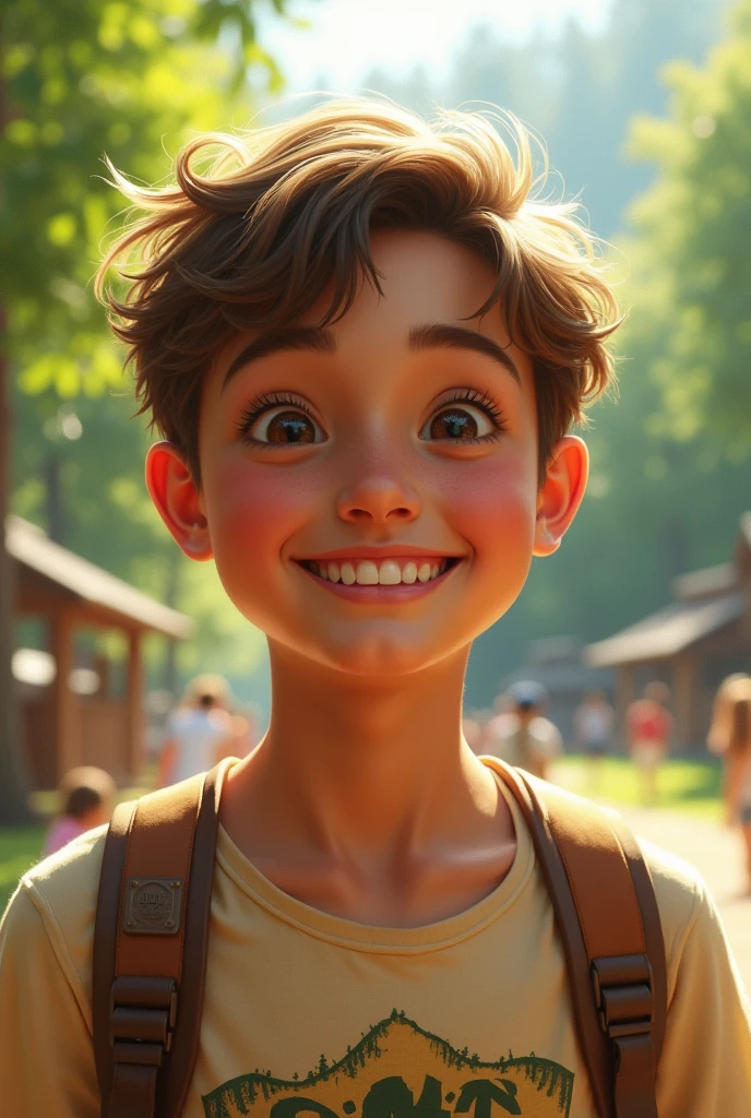 An  boy, with a chubby and funny appearance, reminiscent of the young Macaulay Culkin in his role in *Home alone*. He has a cheerful and mischievous expression on his face., with a wide smile that reveals his playful character. His arms are crossed over his chest, and his posture is firm and secure, as if enjoying a small victory or a secret joke. looking straight ahead, Her rounded face and messy hair accentuate her innocent and charming appearance..
