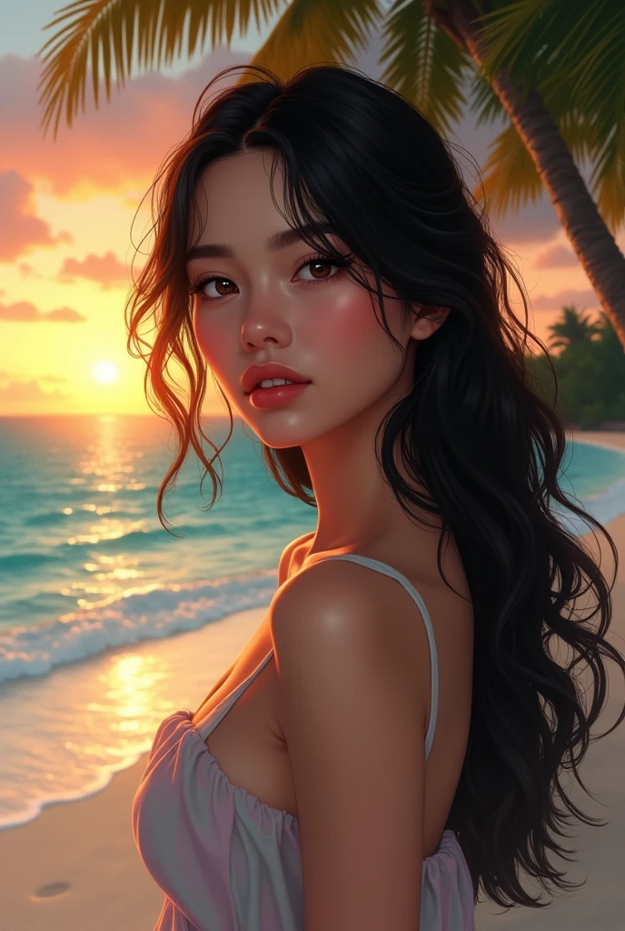 , Sunset,????? gorgeous model, Hawaiian beach, pink clouds, red roses ealistic, hyperrealism, lifelike photography , extremely detailed skin, she has beautiful mesmerizing face and small nose , dark shadows, indoors , cute smile , dim light
