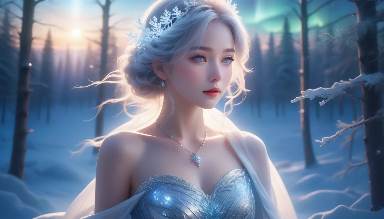 A Masterpiece In 32K Resolution, Supreme Clarity, Hyperreal Detail, Cinematic Artwork, Ultra-High-Resolution 32K Wallpaper, Majestic Lighting, Ethereal Beauty, And Immaculate Precision. The Scene Portrays A Girl Amidst A Serene, Snow-Covered Forest, Soft Flurries Falling Around Her In The Crisp Night Air. She Accentuating Her Full Bosom, With Glistening Jewelry That Dances With Her Every Shift. Her Skin Shimmers Like Frosted Glass, Radiating A Subtle Glow Against The Moonlit Snow. Her Wild, Wind-Swept Silver Hair Cascades Over Her Shoulders, Blending Effortlessly With The Pale, Icy Landscape. Glistening Crystals Of Snow Catch In Her Hair, Reflecting The Cool Light Of A Winter Night. She Is Draped In A Flowing, Ethereal Gown That Glows Softly Under The Majestic Northern Lights, Which Dance Across The Sky. Her Piercing, Ocean-Blue Eyes Stand Out Strikingly Against The Pale Environment, With An Intense, Soulful Gaze That Draws The Viewer In. Her Jewelry, Embellished With Frosted Gems, Glimmers As She Moves Gracefully Through The Snow-Laden Forest. The Cinematic Lighting Highlights The Depth And Immensity Of The Snow-Covered Scene, While Her Mystical Aura Exudes Grace And Elegance. The Hyper-Realistic Detail Captures Her Serene Yet Powerful Presence, Surrounded By The Whispering Silence Of The Winter Landscape, With Each Snowflake Illuminated In The Crisp Air Around Her.