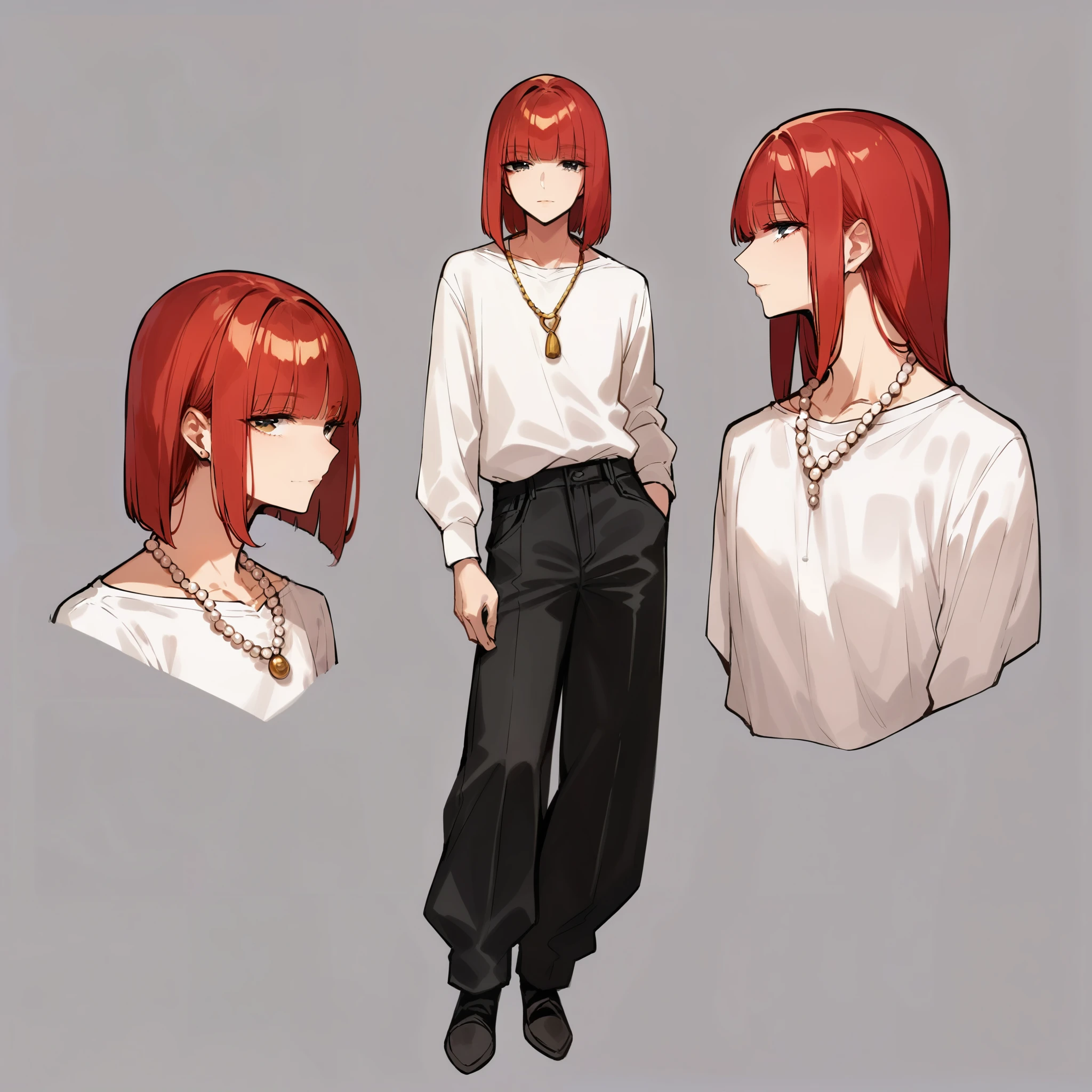 score_9, score_8_up, score_7_up, masterpiece, ultra-detailed, pretty eyes, 1man, solo, standing, red hair, Medium hair, hime cut, half closed eyes, Black Eye,  Black Harem pants,  White shirt, multi color shirt, Oversize shirt, Pearl Necklace, long Necklace, White background, Simple background, full body