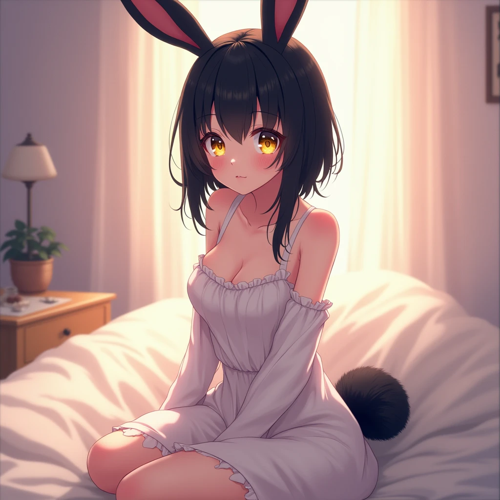 Solo, 1girl, ((masterpiece,best quality, detailed)), Female rabbit, rabbit, hare, bunny,  (cinnamon fur), anthro, furry, long black hair, light, playful, in bed, NSFW, pussy, nipples, nude, purple eyes,