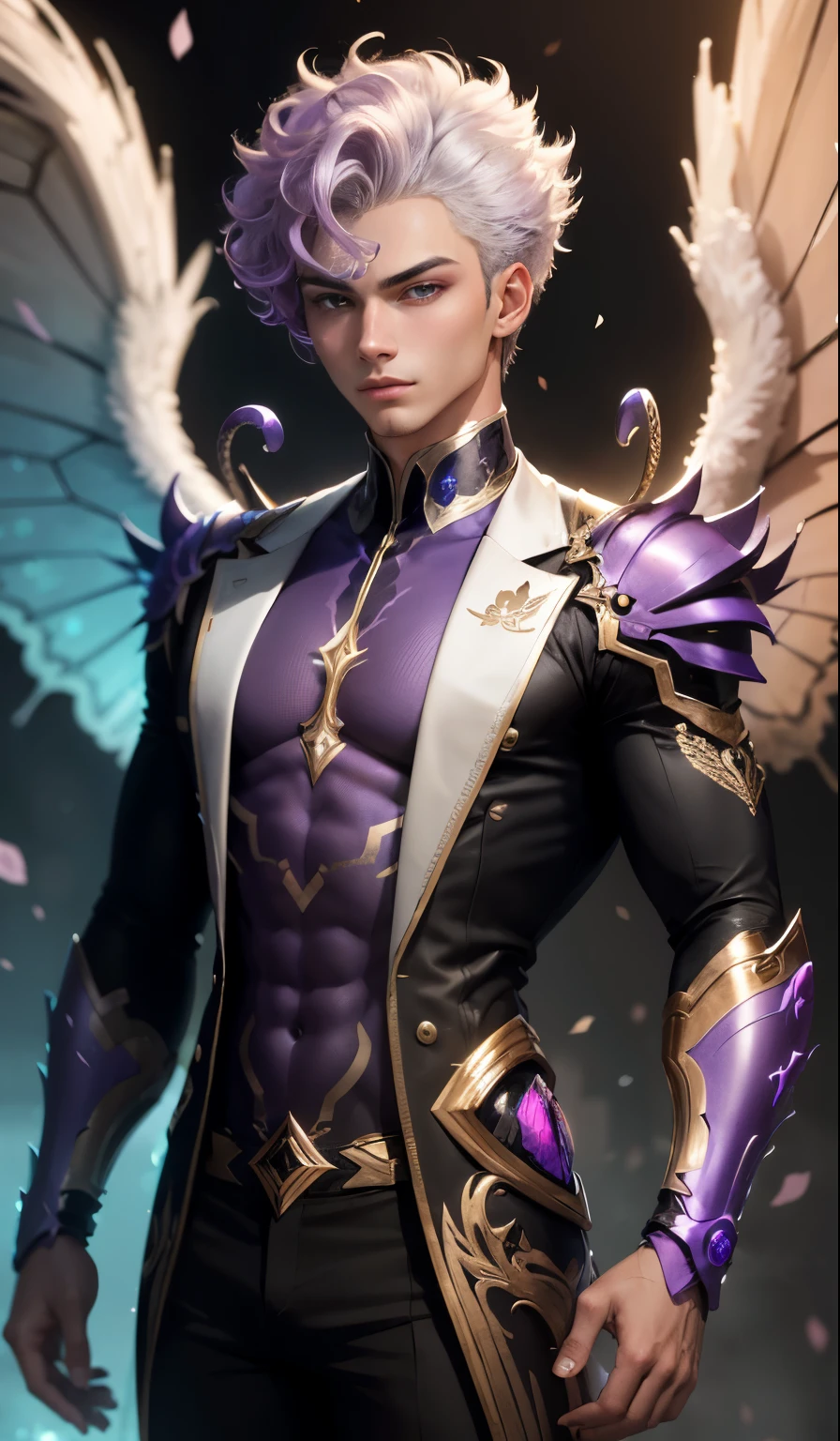 boy,1 person,Handsome and beautiful face,purple eyes,purple hair,shiny surface,thin muscular body,Wearing a purple ancient outfit,Butterfly hair accessory, backdrop,floating on water,There are trees and butterflies all around.,Holding a sparkling purple lotus in his hand,There was a purple magic ring around him.