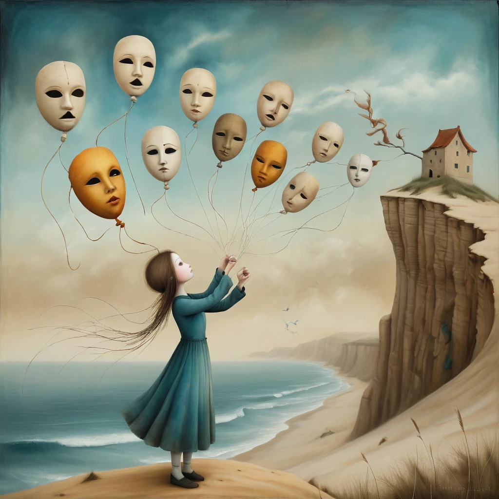 oil and acrylic painting. In the style of Gabriel Pacheco, (nicoletta ceccoli), Tracy Grimwood. A young woman energetically holds a thread to which are attached several theatrical masks floating in the sky and tries to prevent the wind from ripping the thread from her hands . The background is a dune with grass a from which the sea and high cliffs can be seen, cUse theatrical masks to enrich the meaning of the image, which should convey the woman's effort to prevent the wind from tearing the thread from her hands. dreamlike and surreal atmosphere. Colors ochre, amber, teal, browns, octane blue, skillfully dosed
