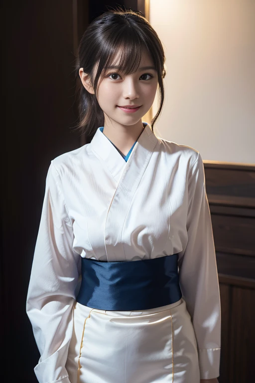 girl in old-Japan school classroom,very long sheer sleeved white hakama-top and red hakama-bottom,white socks,red string bow on hair,18-year-old,bangs,a little smiles,knees,from below