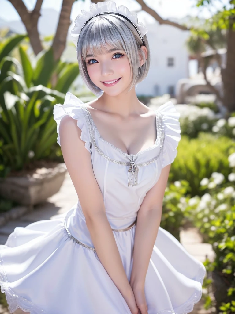 silver hair　short hair　blue eyes　Crisp look　fair skin　Beauty　White wolf ears　blue dress　live-action